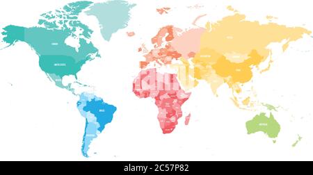 Carte politique colorée du monde divisé en six continents avec des noms de pays. Carte vectorielle dans les couleurs du spectre arc-en-ciel. Illustration de Vecteur