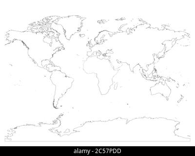 Plan détaillé de la carte du monde avec l'Antarctique. Trait simple fin noir vectoriel sur fond blanc. Illustration de Vecteur