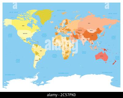 Carte du monde avec les noms des pays souverains et des territoires dépendants plus importants. Carte vectorielle simplifiée en quatre couleurs sur fond bleu. Illustration de Vecteur