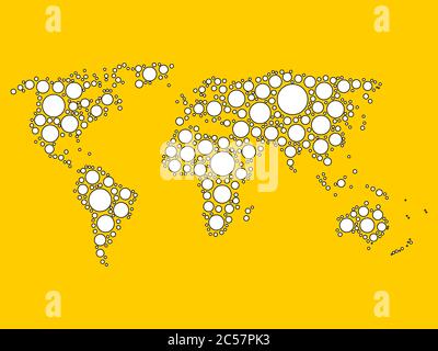 Mosaïque de la carte du monde de points blancs avec contour noir dans différentes tailles sur fond jaune. Illustration vectorielle. Thème de fond de carte du monde de style moderne. Illustration de Vecteur