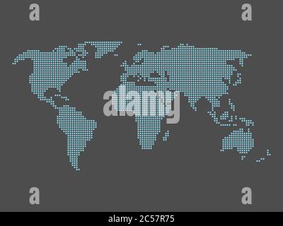 Carte du monde en mosaïque de petits carrés bleus sur fond gris foncé. Illustration de Vecteur