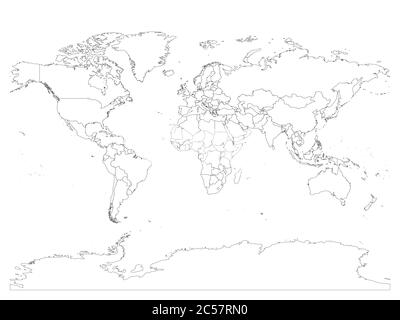 Carte du monde avec frontières nationales, contour noir fin sur fond blanc. Image filaire vectorielle simple à ligne de détail élevé. Illustration de Vecteur