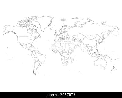 Carte du monde avec frontières nationales, contour noir fin sur fond blanc. Image filaire vectorielle simple à ligne de détail élevé. Illustration de Vecteur