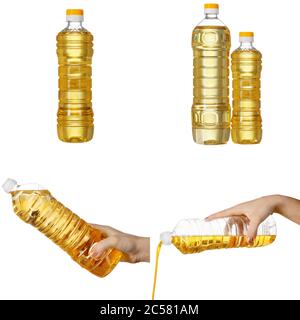Flacons d'huile de tournesol collages sur fond blanc Banque D'Images