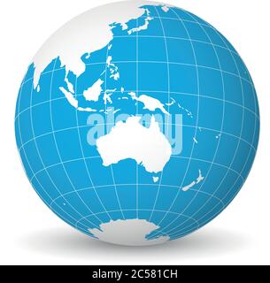 Globe terrestre avec carte verte du monde et mers bleues et océans axés sur l'Australie. Avec des méridiens blancs fins et des parallèles. Illustration vectorielle 3D. Illustration de Vecteur