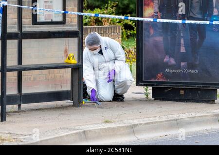 Essex, Royaume-Uni. 1er juillet 2020. Trois hommes ont été arrêtés pour des soupçons de tentative de meurtre à South Ockendon après qu'un homme ait été attaqué avec un « gros couteau » tôt ce matin. On peut voir des quantités considérables de sang à l'entrée d'une propriété, à un arrêt de bus et aux murs voisins. Ricci Fothergill/Alay Live News Banque D'Images