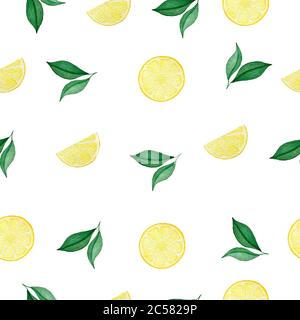 tranches de citron juteux et feuilles vertes sans couture, illustration de fruits tropicaux aquarelle, motif citron brillant pour l'emballage, tissu Banque D'Images