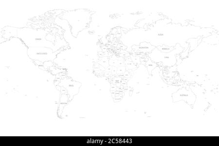 Carte du monde. Carte politique détaillée en noir avec noms de pays. Carte vectorielle. Illustration de Vecteur