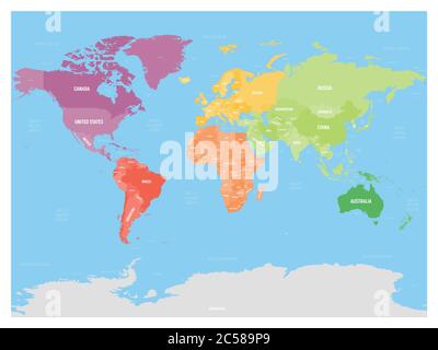 Carte politique colorée du monde divisée en six continents sur fond bleu. Avec des labels de pays, de capitales, de mers et d'océans. Illustration vectorielle. Illustration de Vecteur