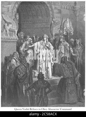 La reine Vashti refusant d'obéir au roi Ahasuerus [Esther 1:11-12] du livre 'Bible Gallery' illustré par Gustave Dore avec mémoire de Dore et lettre-presse descriptive par Talbot W. Chambers D.D. Publié par Cassell & Company Limited à Londres et simultanément par Mame à Tours, France en 1866 Banque D'Images