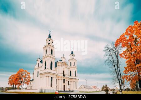 Budslau, Myadzyel Raion, région de Minsk, Bélarus. Église de l'Assomption de la Sainte Vierge Marie en automne Banque D'Images