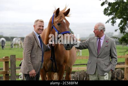 Le Prince de Galles (à droite) est présenté à Victoria, un cheval de chasse au Suffolk par le fermier et la personnalité de la télévision Adam Henson, lors d'une visite au parc de Cotswold Farm Park à Guiting Power près de Cheltenham, pour voir le travail que la ferme fait pour préserver les races indigènes britanniques. Banque D'Images