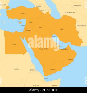Carte de la région transcontinentale du Moyen-Orient ou du proche-Orient avec les pays d'Asie occidentale surlignés en orange, la Turquie, Chypre et l'Égypte. Carte plate avec terre jaune, fines bordures noires et mer bleue. Illustration de Vecteur