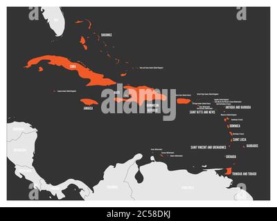 Carte politique des Caraïbes. États et territoires dépendants mis en surbrillance orange. Illustration simple à vecteur plat. Illustration de Vecteur