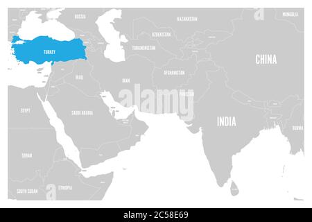 Turquie bleu marqué sur la carte politique de l'Asie du Sud et du Moyen-Orient. Carte vectorielle plate simple. Illustration de Vecteur