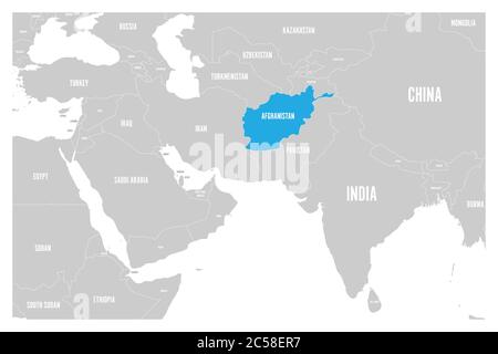 Afghanistan marqué en bleu sur la carte politique de l'Asie du Sud et du Moyen-Orient. Carte vectorielle plate simple. Illustration de Vecteur