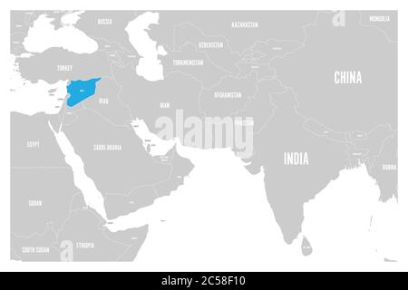 Syrie marqué en bleu sur la carte politique de l'Asie du Sud et du Moyen-Orient. Carte vectorielle plate simple. Illustration de Vecteur