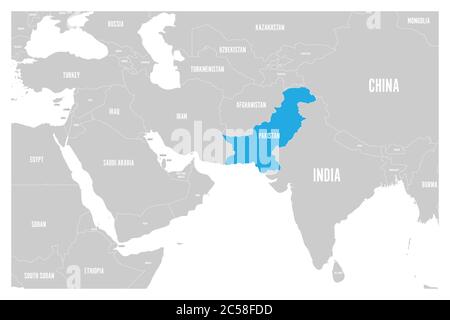 Pakistan marqué en bleu sur la carte politique de l'Asie du Sud et du Moyen-Orient. Carte vectorielle plate simple. Illustration de Vecteur