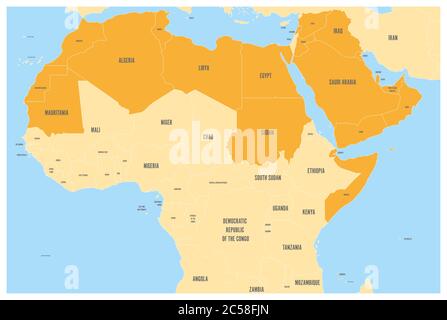 Carte politique des États du monde arabe avec orange higlighted 22 pays arabophones de la Ligue arabe. Région de l'Afrique du Nord et du Moyen-Orient. Carte vectorielle avec eaux bleues et terres jaunes. Illustration de Vecteur