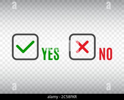 OUI ou NON, symbole accepter et refuser. Les coches sont définies sur un arrière-plan transparent. Annuler le refus. Coche verte et croix rouge en forme de carré. Vecteur Illustration de Vecteur