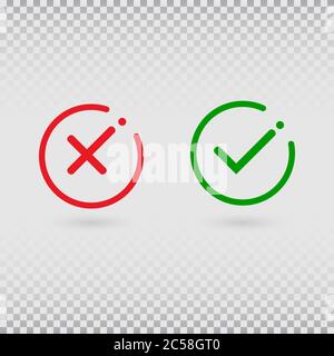 Annuler le refus. Les coches sont définies sur un arrière-plan transparent. OUI ou NON, symbole accepter et refuser. Coche verte et croix rouge dans les formes de cercle. Vecteur Illustration de Vecteur
