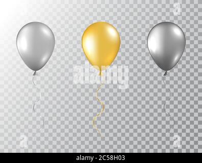 Ballons d'hélium isolés sur fond transparent. Ballons festifs dorés, argentés et noirs, en papier brillant. Maquette de style baloon pour anniversaire, anniversaire Illustration de Vecteur