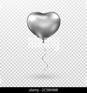 Ballon gris coeur sur fond transparent. Ballon argenté à l'hélium brillant. Un ballon à motif métallisé réaliste pour les fêtes, les fêtes de Noël et les anniversaires. Vecteur Illustration de Vecteur