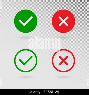 Les coches sont définies sur un arrière-plan transparent. Coche verte et croix rouge dans les formes de cercle. OUI ou NON, symbole accepter et refuser. Vecteur Illustration de Vecteur