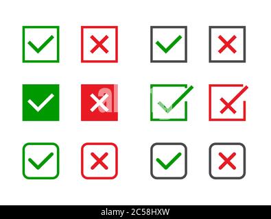 Jeu de coches. Coche verte et croix rouge de différentes formes. OUI ou NON, symbole accepter et refuser. Icônes vectorielles pour les boutons Internet. Vecteur Illustration de Vecteur