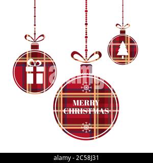 Boules de Noël à la texture écossaise. Boules de Noël brillantes avec sapin de noël, cadeau, flocons de neige, ruban. Design vacances d'hiver. Illustration vectorielle. Illustration de Vecteur
