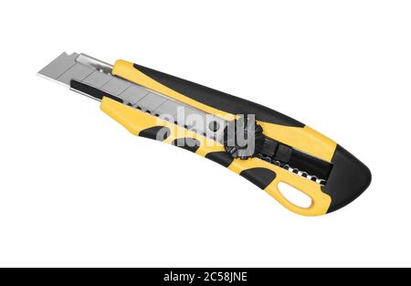 Couteau de construction jaune et noir isolé sur fond blanc avec chemin de découpe Banque D'Images