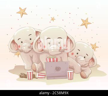 trois adorables éléphants regardant le film ensemble sur ordinateur portable. dessin animé vectoriel dessiné à la main Illustration de Vecteur