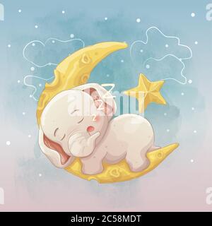 bébé éléphant dormant sur la lune. dessin main dessin animé art vectoriel Illustration de Vecteur