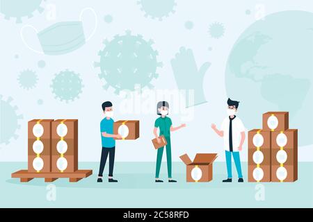 Illustrations vectorielles plates illustrant l'aide humanitaire en fournissant des gants et des masques aux personnes lors d'un déséquilibre économique causé par une épidémie de covid19. Illustration de Vecteur