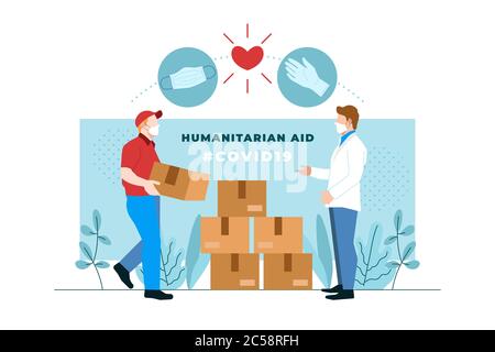 Illustrations vectorielles plates illustrant l'aide humanitaire en fournissant des gants et des masques aux personnes lors d'un déséquilibre économique causé par une épidémie de covid19. Illustration de Vecteur