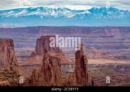 Vue magnifique sur Buck Canyon, avec la Washer Woman Arch et Monster Tower en premier plan, la tour de l'aéroport au milieu du sol et les montagnes de la Sal dans le Banque D'Images