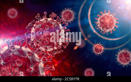 Coronavirus COVID-19 microscopique virus corona virus maladie 3d illustration. Rendu 3D du virus sur fond bleu et rouge. Banque D'Images