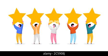 Concept vectoriel de style plat avec cinq étoiles. Les gens tiennent des étoiles. Feedback évaluation de l'avis du client ou du consommateur, niveau de satisfaction et historique des critiques. Illustration vectorielle Illustration de Vecteur
