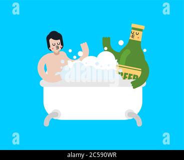 Bière amant bain dans la baignoire. Guy et bouteille de bière. Relation romantique avec l'alcool. Amour de l'alcool. Illustration 1 Illustration de Vecteur