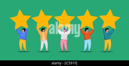 Concept vectoriel de style plat avec cinq étoiles. Les gens tiennent des étoiles. Feedback évaluation de l'avis du client ou du consommateur, niveau de satisfaction et historique des critiques. Illustration vectorielle Illustration de Vecteur