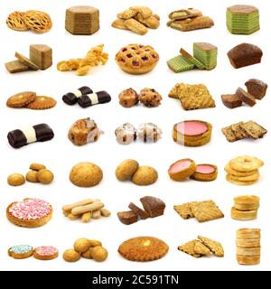 collection de petits pains, biscuits, gâteaux et pain fraîchement cuits sur fond blanc Banque D'Images