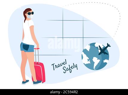 Une fille dans un masque facial avec une valise à l'aéroport. Voyager en toute sécurité pendant le coronavirus. Illustration vectorielle. Illustration de Vecteur