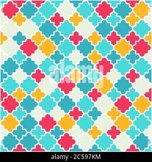 Motif treillis traditionnel en quatrefoil. Formes colorées en quatrefoil, couleurs vives - rouge, turquoise, jaune. Arrière-plan vectoriel transparent. Illustration de Vecteur