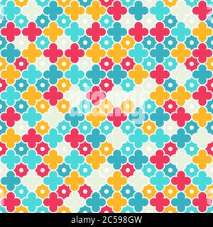 Motif treillis traditionnel en quatrefoil. Formes colorées en quatrefoil, couleurs vives - rouge, turquoise, jaune. Arrière-plan vectoriel transparent. Illustration de Vecteur