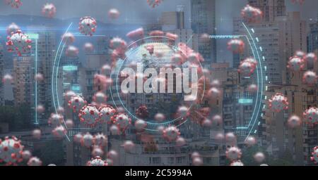 Oscilloscope permettant de balayer les cellules Covid-19 contre le paysage urbain Banque D'Images