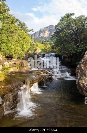 Tôt le matin, aux Cascades, petite cascade pittoresque dans le fleuve Mahai, dans le parc national Royal Natal, au nord du mont Drakensberg Banque D'Images