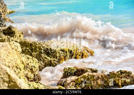 Rochers de mer lavés et baignés dans la belle mer des Caraïbes . Le mouvement rythmique des vagues caresse les rochers glissants avec quelques bords irréguliers. Banque D'Images