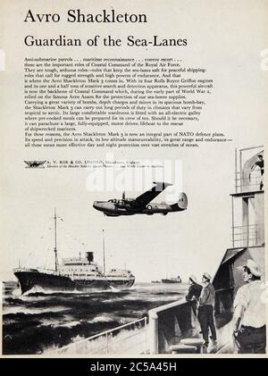 Publicité vintage pour les avions militaires de patrouille maritime et de reconnaissance Avro Shackleton. Banque D'Images