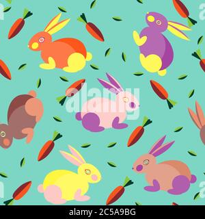 Motif sans couture avec lapins, carottes et feuilles colorés. Illustration de Vecteur