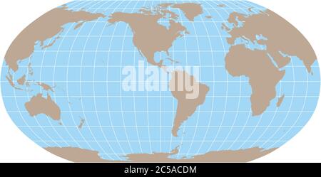 Carte du monde en Robinson projection avec méridiens et grille de parallèles. Centré sur les Amériques. Terre brune et mer bleue. Illustration vectorielle. Illustration de Vecteur